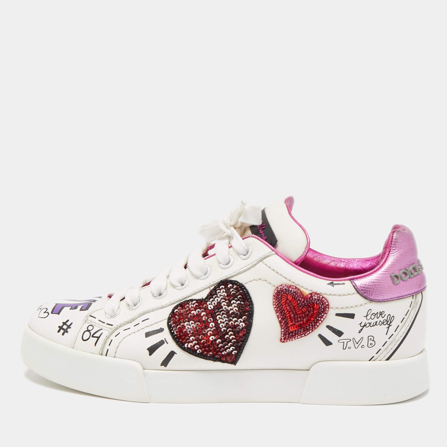 Dolce & Gabbana Sneakers basse in pelle bianca con toppa ricamata, Da Donna